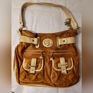 KVZ Dk Tan Faux Suede & Faux Leather Gold LG Shoulder Bag Purse w/ Charm Fob